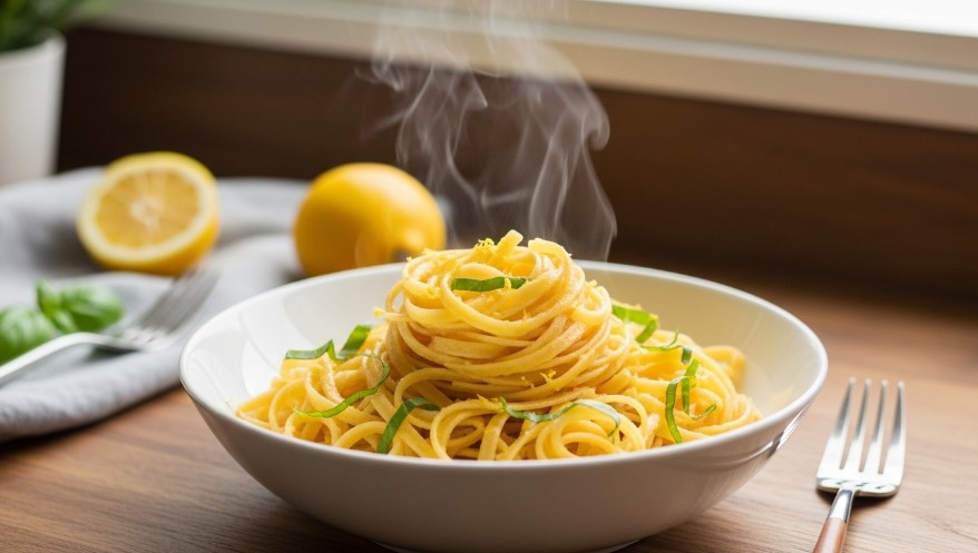 lemony hummus pasta recipe with lemon zest and herbs
