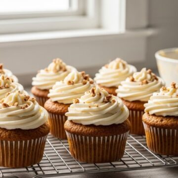 Cream cheese frosted carrot cupcakes on cooling rack