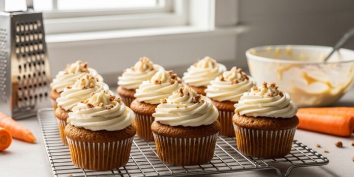 Cream cheese frosted carrot cupcakes on cooling rack