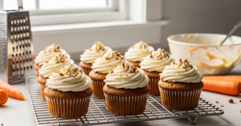 Cream cheese frosted carrot cupcakes on cooling rack
