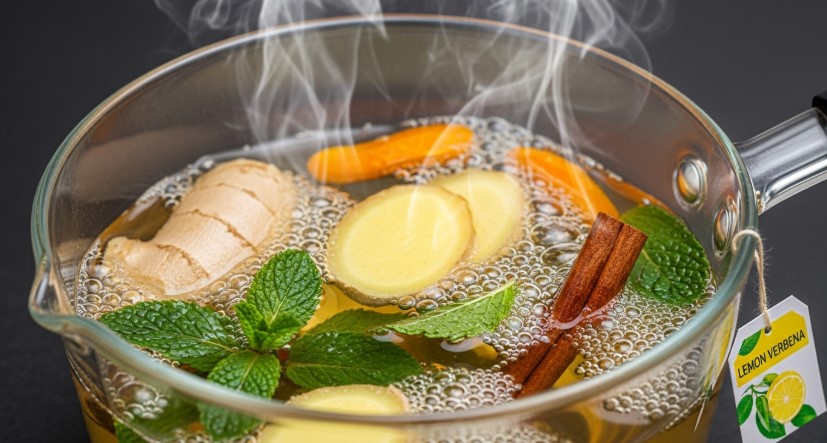 Simmering Costa Rican tea ingredients in a pot