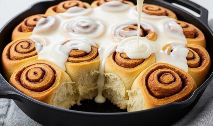cast iron skillet filled with warm sourdough discard cinnamon rolls and frosting
