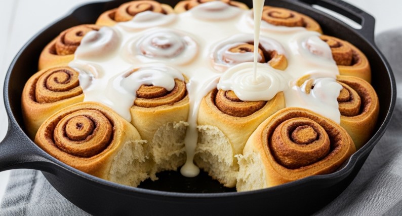 cast iron skillet filled with warm sourdough discard cinnamon rolls and frosting