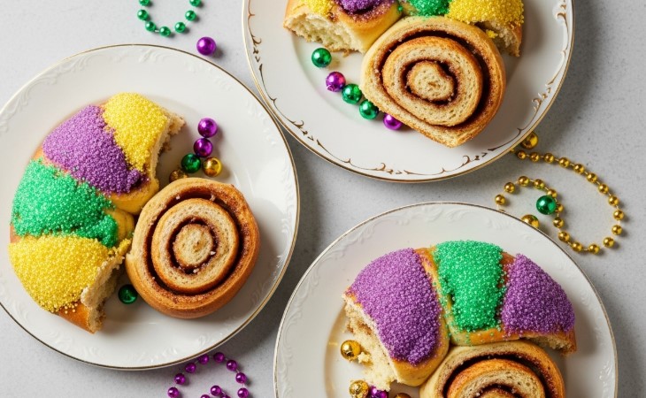 Sliced cinnamon roll king cake with Mardi Gras colors