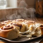 freshly baked sourdough discard cinnamon rolls on a sunlit counter