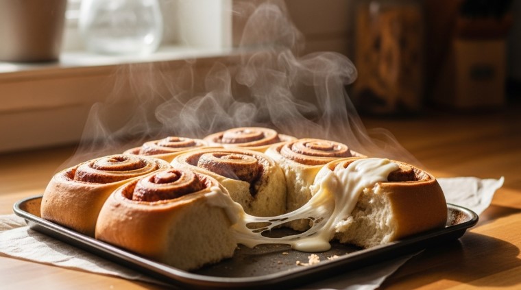 freshly baked sourdough discard cinnamon rolls on a sunlit counter