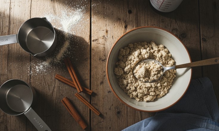 sourdough discard and cinnamon ingredients on wooden table