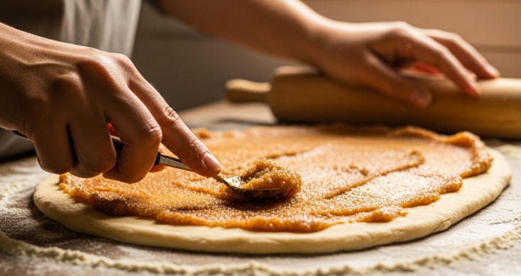 spreading cinnamon filling on rolled-out dough for cinnamon rolls