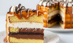 tall slice of finished ice cream sandwich cake on plate