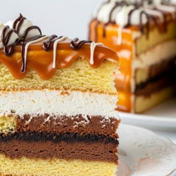 tall slice of finished ice cream sandwich cake on plate