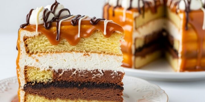 tall slice of finished ice cream sandwich cake on plate