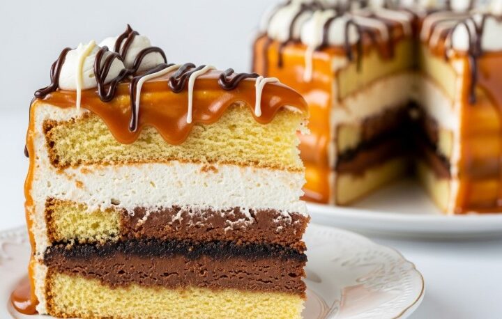 tall slice of finished ice cream sandwich cake on plate