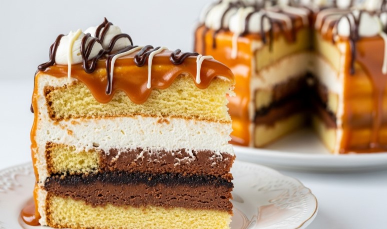 tall slice of finished ice cream sandwich cake on plate