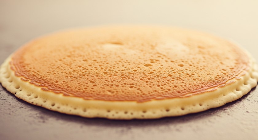 pancake cooking on griddle with bubbles