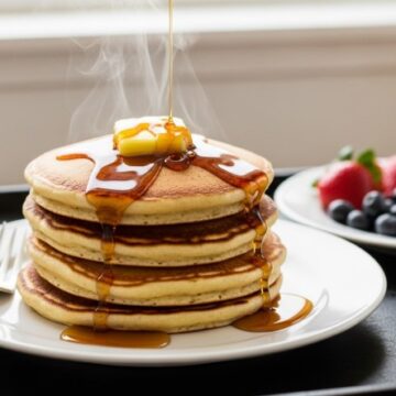 steaming stack of Bisquick pancakes on griddle with syrup