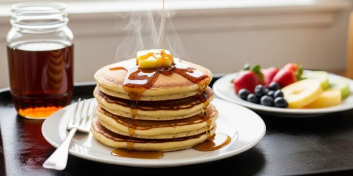 steaming stack of Bisquick pancakes on griddle with syrup