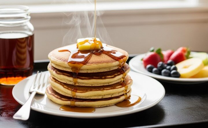 steaming stack of Bisquick pancakes on griddle with syrup