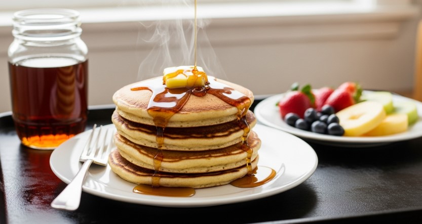 steaming stack of Bisquick pancakes on griddle with syrup