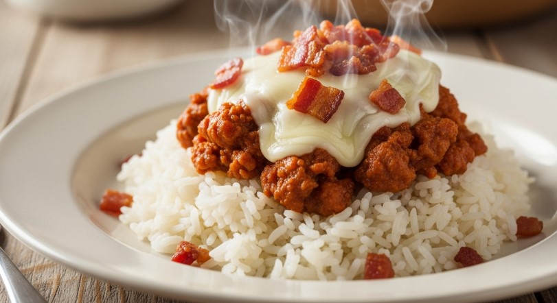 crack chicken served over white rice with bacon and cheese