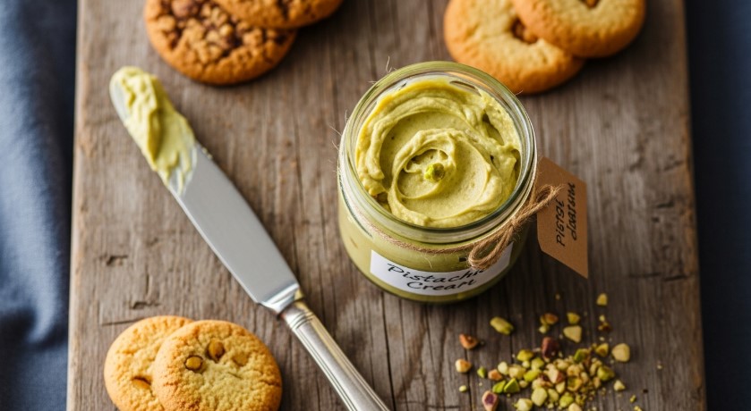 Homemade pistachio cream in jar with baking tools
