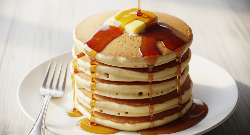 stacked Bisquick pancakes with syrup and butter