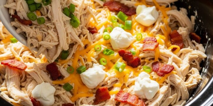 cheesy crack chicken in slow cooker with bacon
