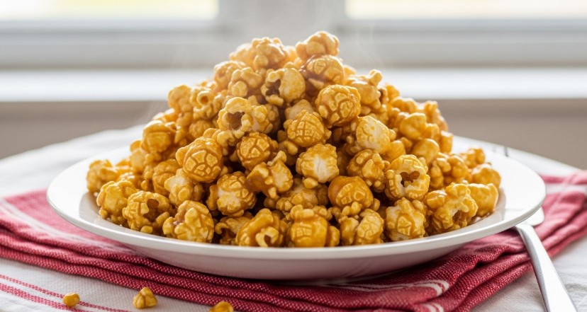 finished homemade caramel popcorn in bowl