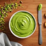 Creamy pistachio spread in bowl with knife and toast
