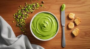 Creamy pistachio spread in bowl with knife and toast
