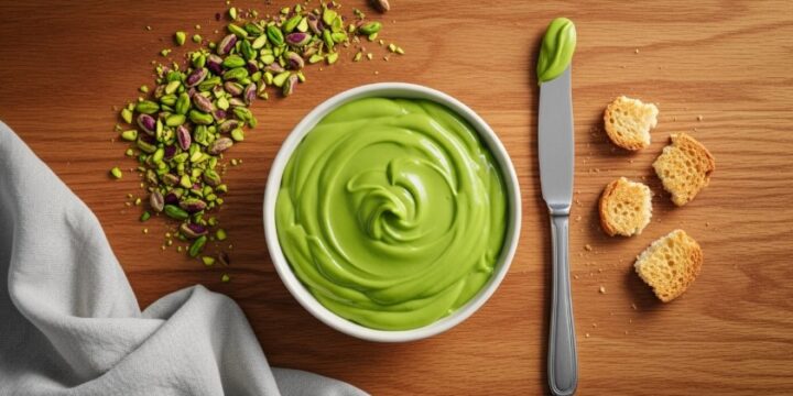 Creamy pistachio spread in bowl with knife and toast