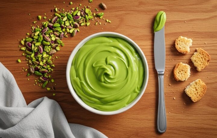 Creamy pistachio spread in bowl with knife and toast
