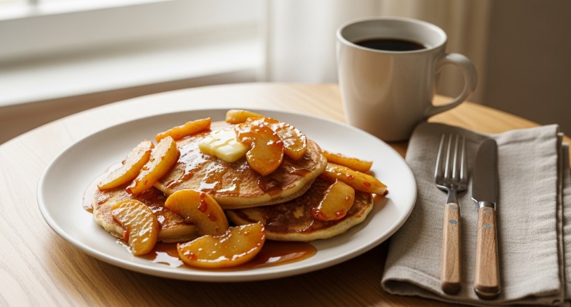 Fried apples served over pancakes on a breakfast table