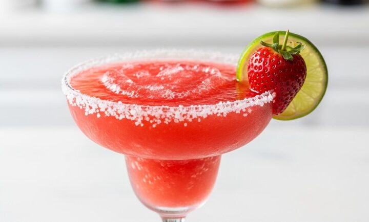 Frozen strawberry margarita in a salt-rimmed glass