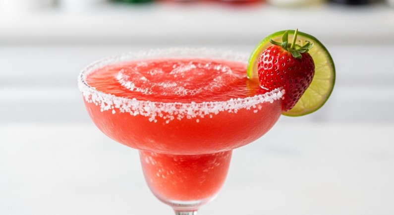 Frozen strawberry margarita in a salt-rimmed glass