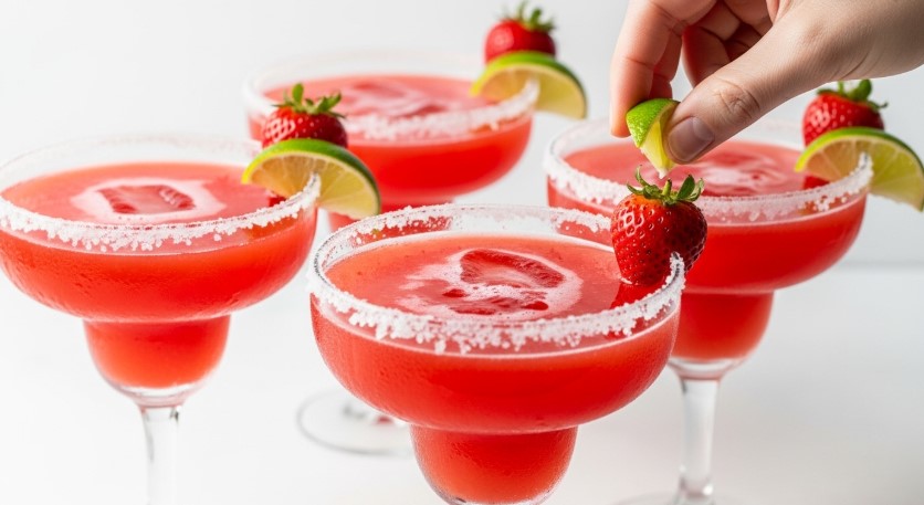 Garnishing strawberry margaritas with lime and berries