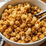 classic caramel popcorn recipe on wooden counter