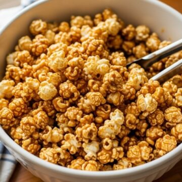classic caramel popcorn recipe on wooden counter