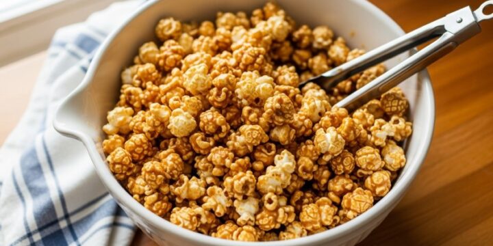 classic caramel popcorn recipe on wooden counter