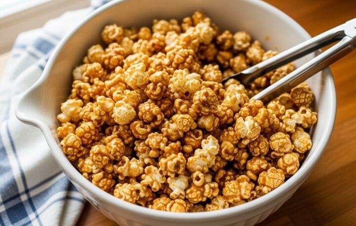 classic caramel popcorn recipe on wooden counter