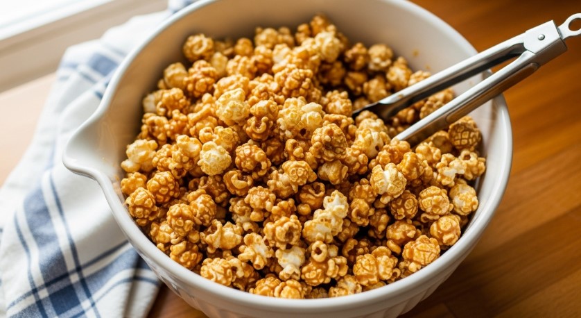 classic caramel popcorn recipe on wooden counter
