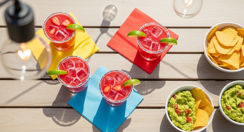 Summer table with strawberry margaritas and snacks