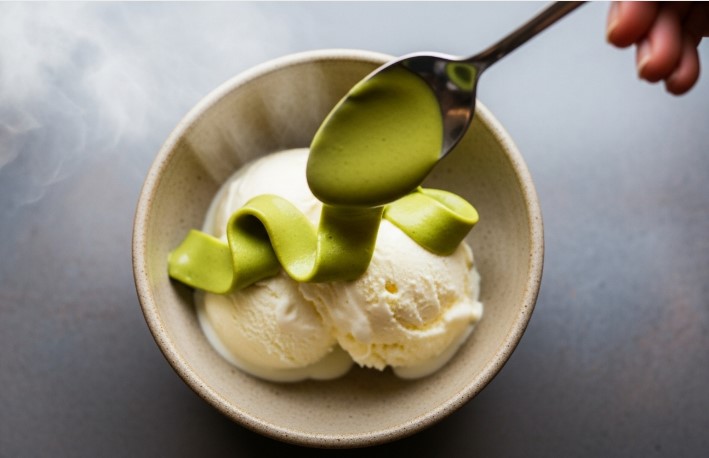 Pistachio cream drizzled over vanilla ice cream