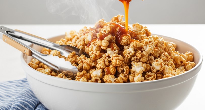 adding caramel sauce to popcorn