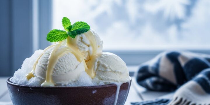 Bowl of snow ice cream with condensed milk