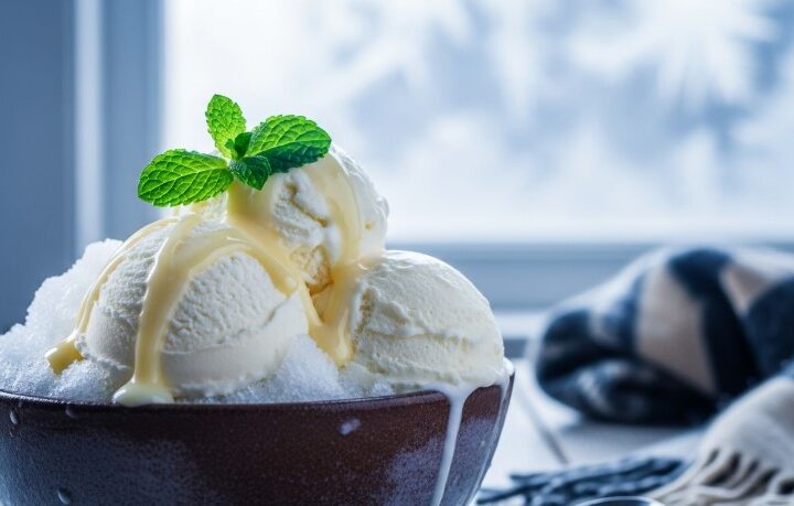 Bowl of snow ice cream with condensed milk