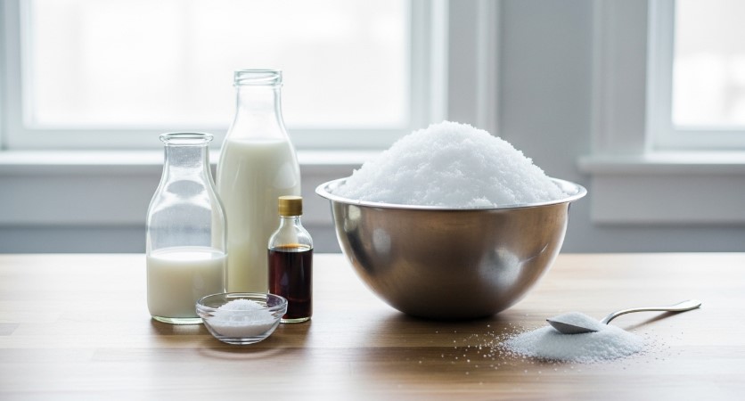 Snow ice cream ingredients on kitchen counter