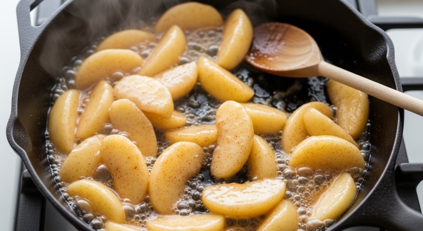 Southern fried apples cooking in a skillet with cinnamon and butter