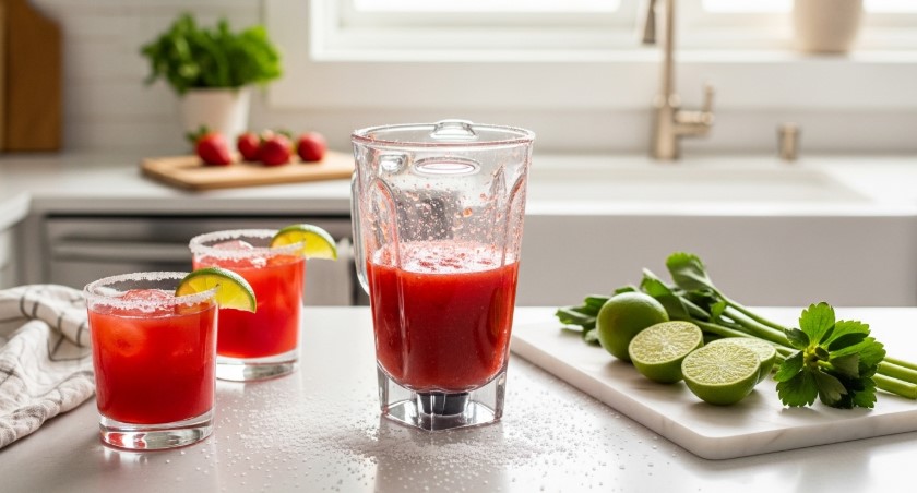 Strawberry margarita mix in blender on kitchen counter