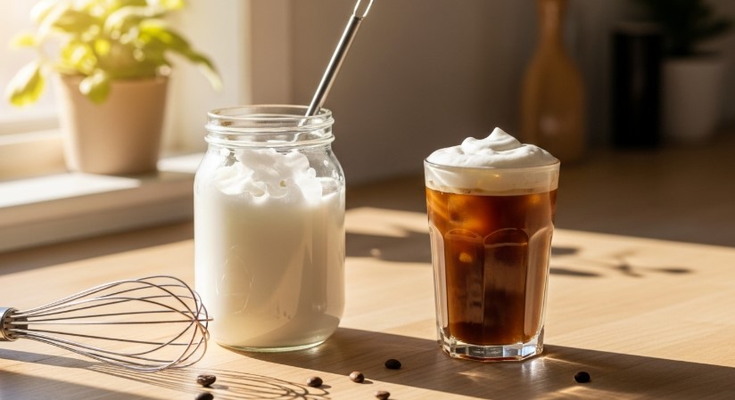 Homemade sweet cream cold foam in kitchen light