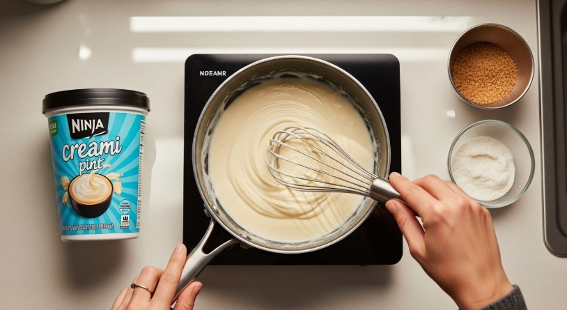 Whisking ingredients for Ninja Creami vanilla ice cream base